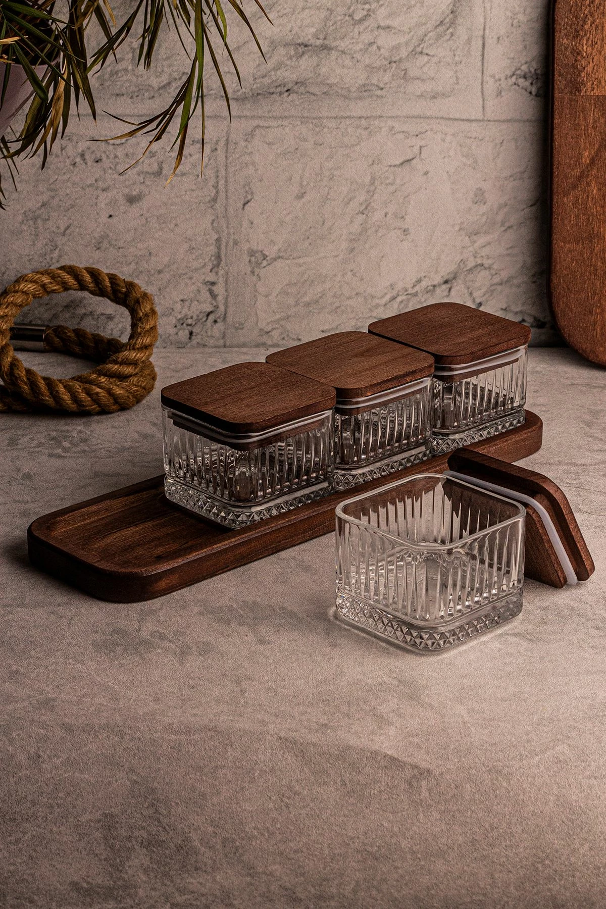 Set pjatash qelqi me kapakë druri, 9 copë, Hermia Concept, Bella Kare 5