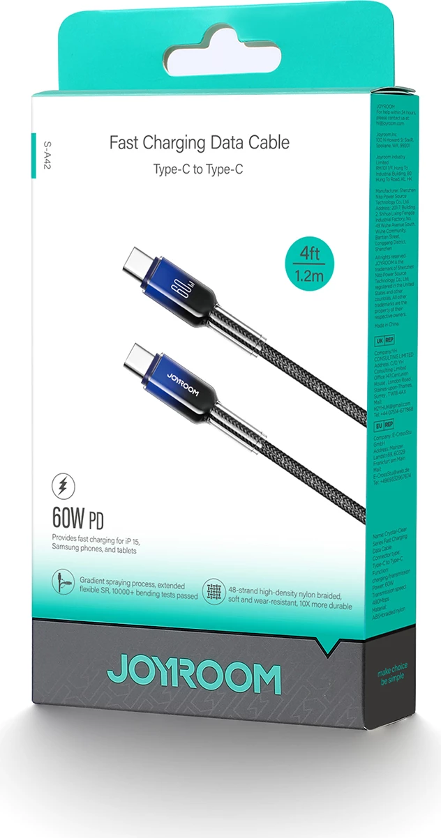 Kabllo USB-C në USB-C Joyroom S-A42 Crystal-Clear Series, 1.2m, 60W, e zezë