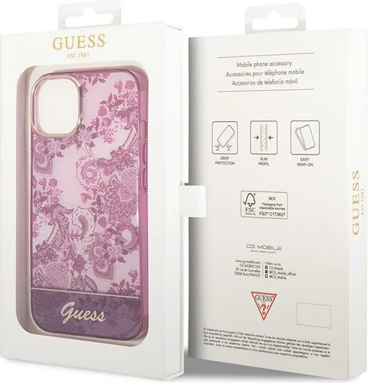 Mbështjellës Guess Porcelain Collection për iPhone 14 Plus 6.7", fuchsia