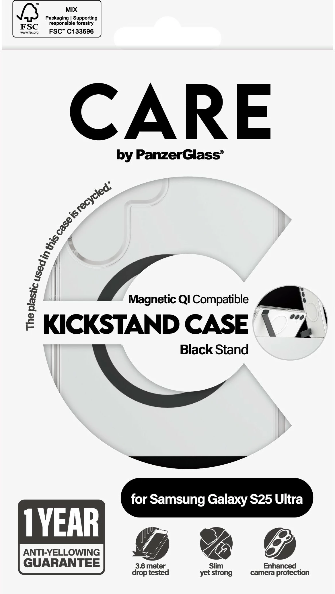 Mbështjellës PanzerGlass CARE Feature Case me kickstand & QI për Galaxy S25 Ultra, transparent