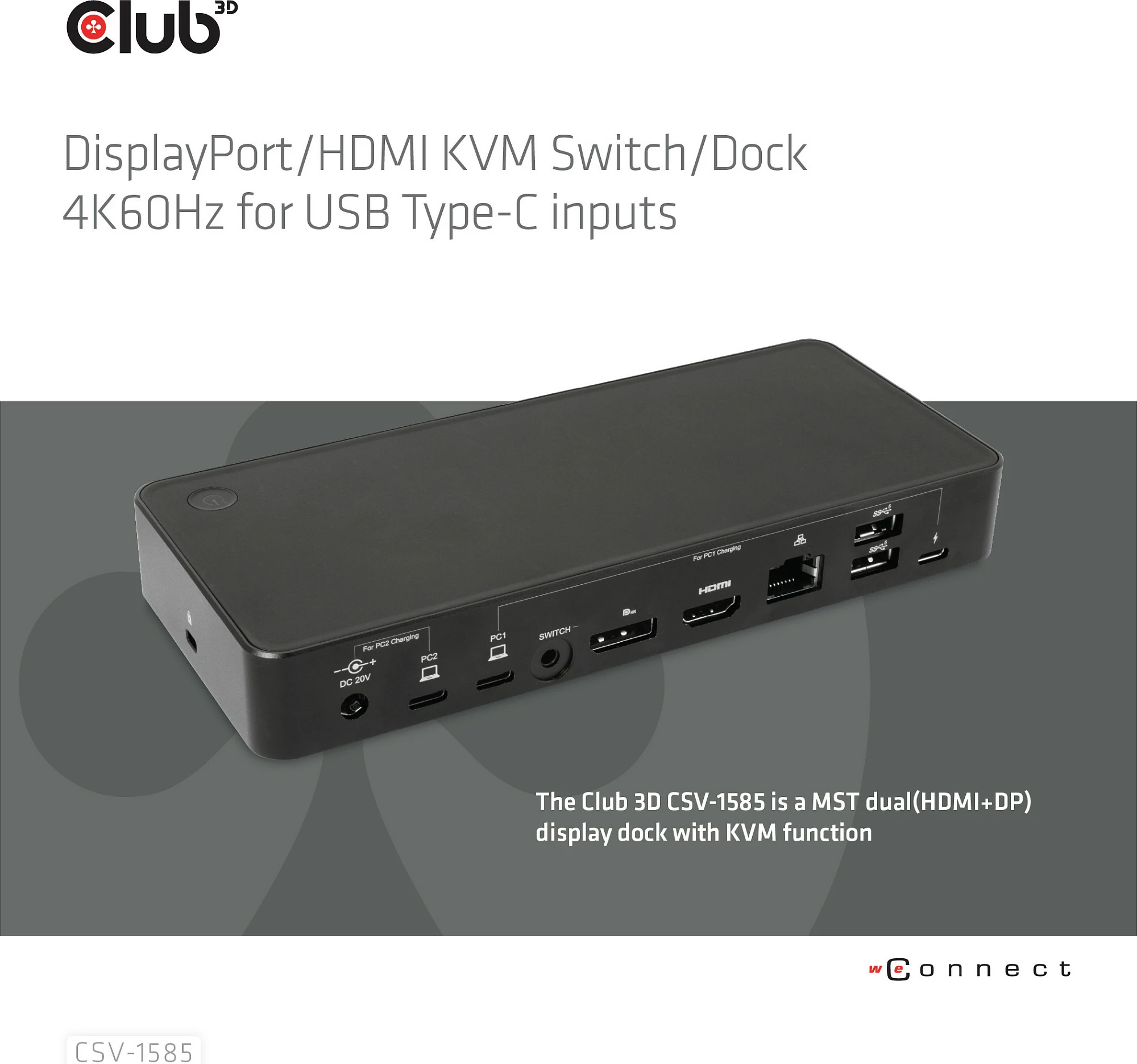 Switch KVM Club3D CSV-1585, 2x USB-C, 4K60Hz, HDMI, DisplayPort, i zi