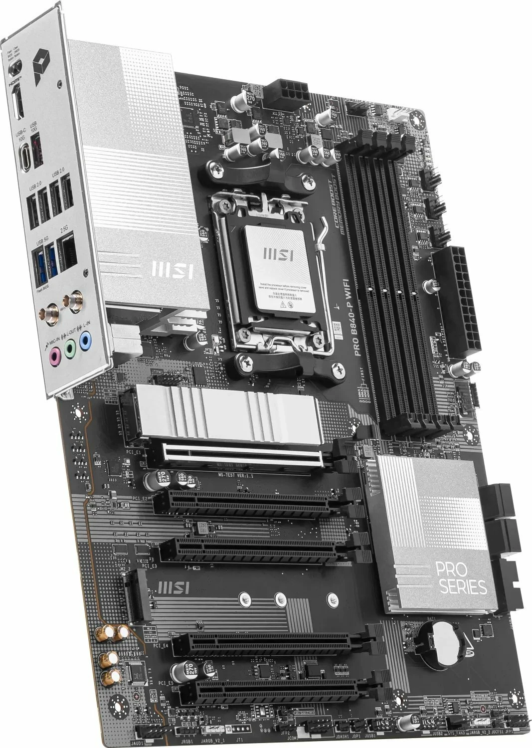 Pllakë amë MSI PRO B840-P WIFI, ATX, DDR5, Wi‑Fi 7 + Bluetooth, 2.5G LAN, argjendtë/zezë