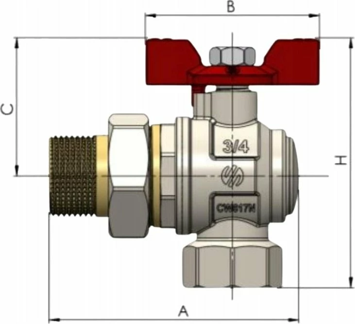 Valvul me top këndore Arco SENA VA30 1/2\" GW - 3/4\" GZ, 30 bar, me lidhje union, levë flutur e kuqe