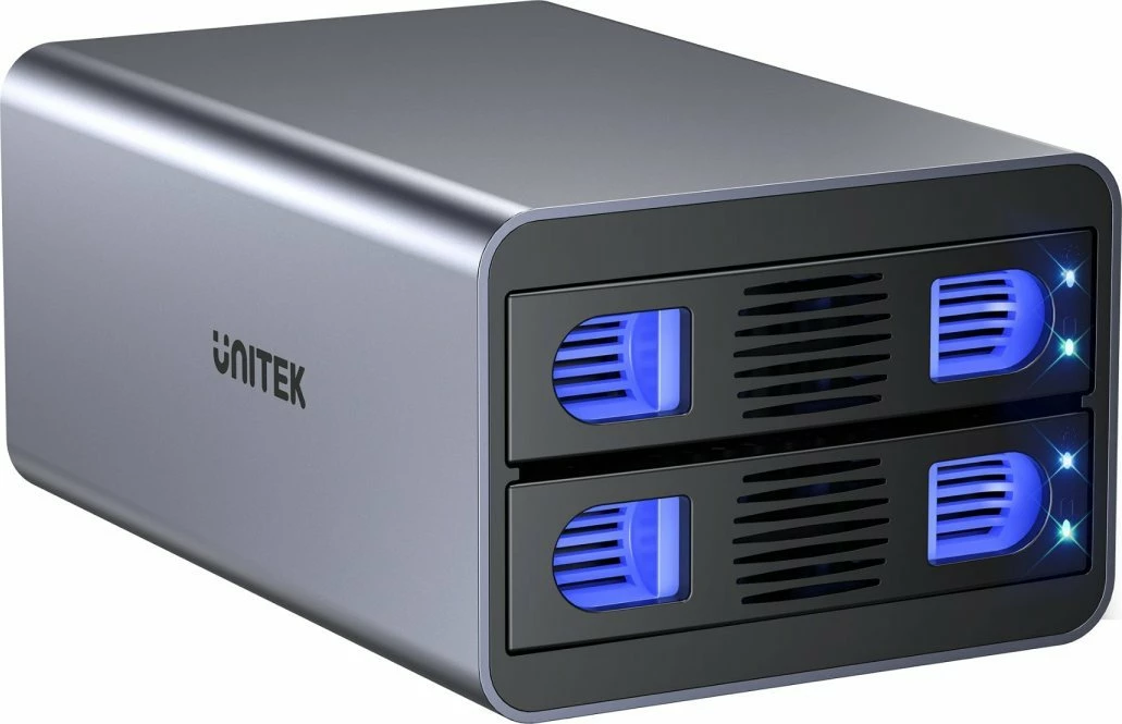 Kasë eksternale për HDD/SSD SATA Unitek S1308A01-EU 2-bay 2.5\"/3.5\" USB 3.2 Gen 1 40TB, gri, set me kabllo USB-A në USB-B dhe adaptor rryme