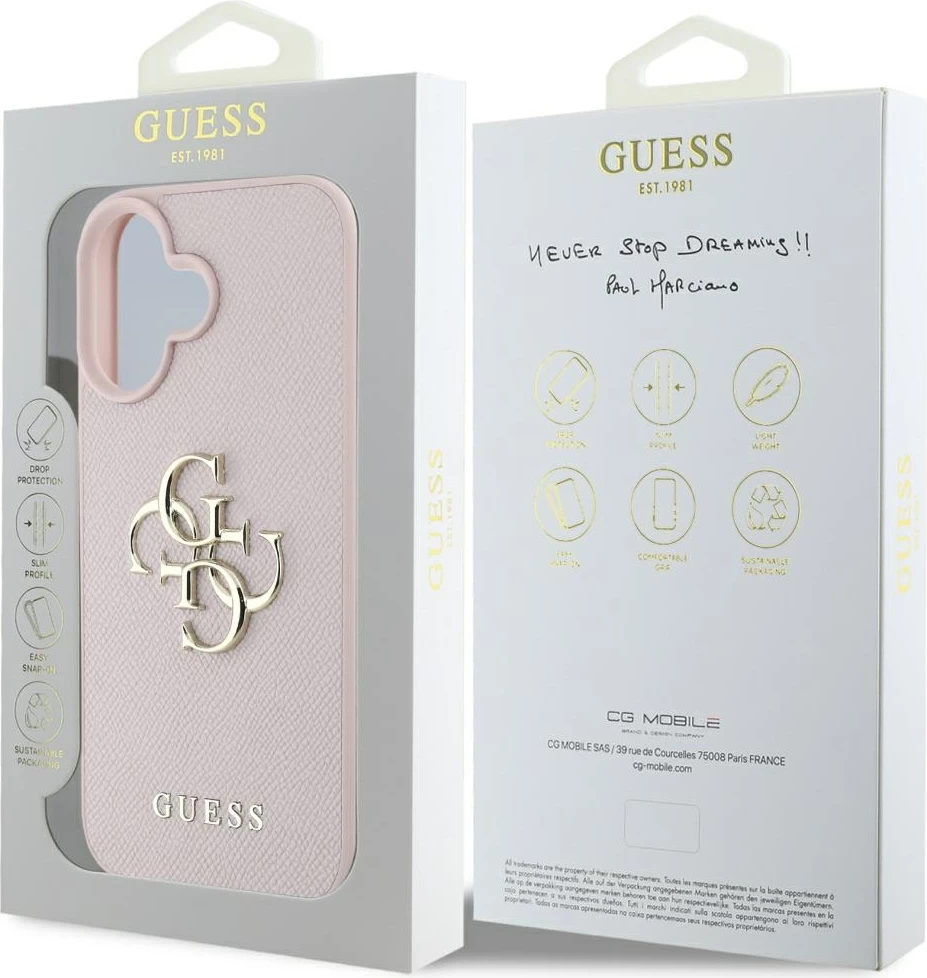 Mbështjellës Guess Grained Big 4G Logo Small Classic Logo për iPhone 16, Rozë