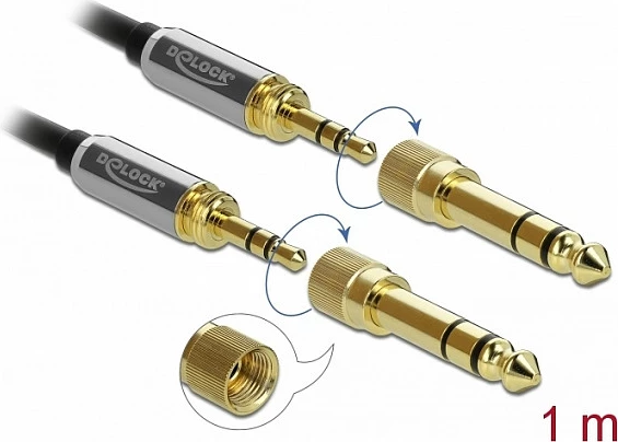 Kabel audio stereo DeLOCK 85785, 3.5mm mashkull-mashkull, 1m, me adaptor 6.35mm, zi/gri