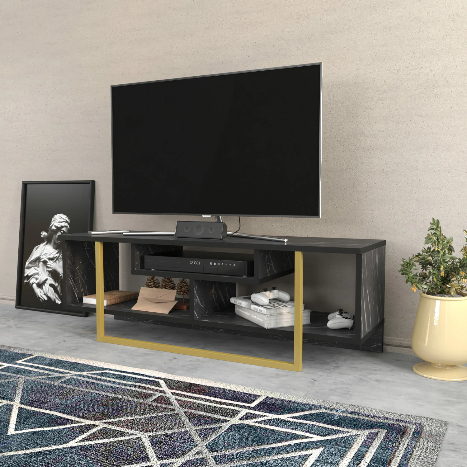 Komodinë TV Hanah Home, Asal 120, e zezë dhe ari