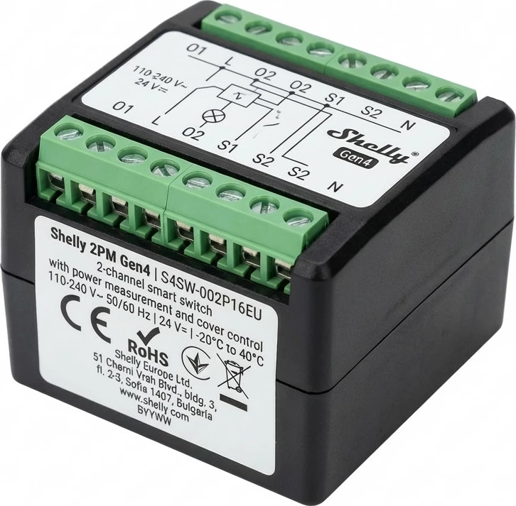Rele smart Shelly 2PM Gen4, 2-kanal, matje energjie, paketë 4 copë