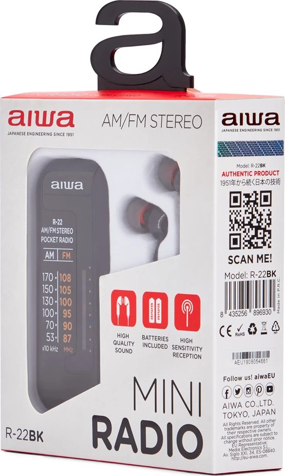 Radio portativ xhepi AM/FM Aiwa R-22 HyperBASS me kufje, i zi, set me bateri AAA