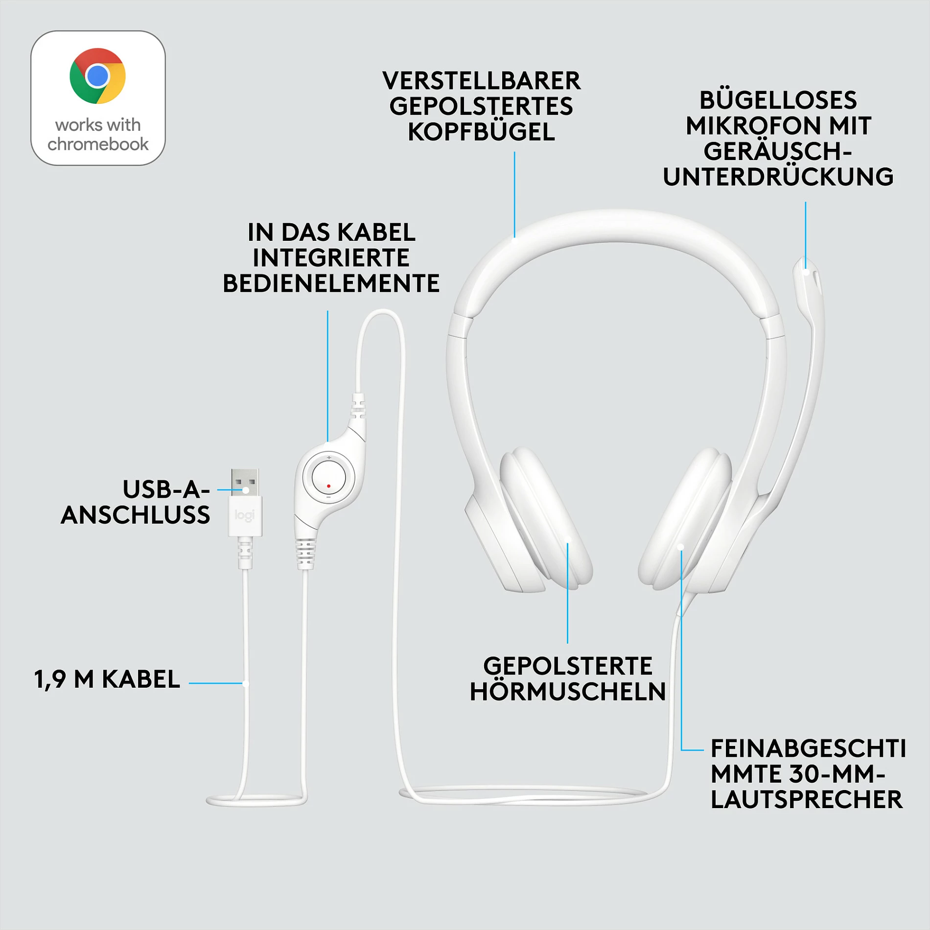 Kufje Logitech H390, USB, Zyrë/Call center, 20 - 20000 Hz, 197 g, Bardhë