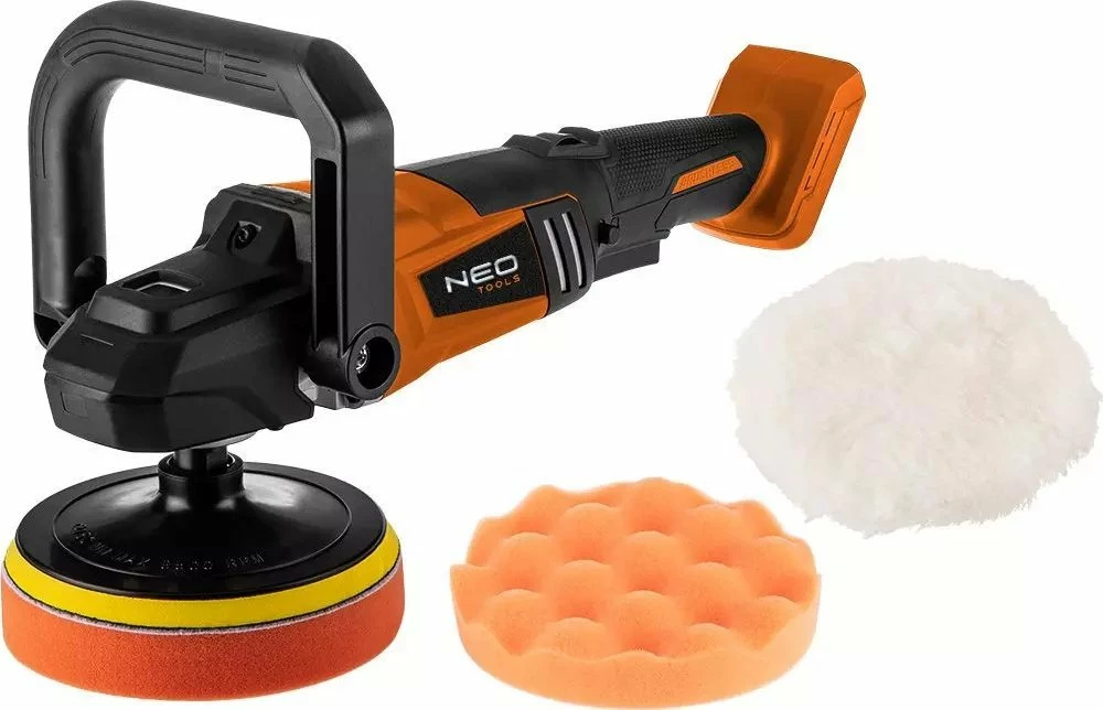 Polerka akumulatorike NEO Energy+ 18V 04-602, 150 mm, brushless, portokalli/zi, set me 3 jastëkë (pa bateri/karikues)