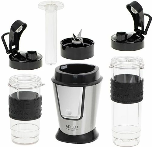 blender sportiv ADLER AD 4081, 570 ml + 400 ml, Tritan BPA-free, 4 tehe inox, argjend/zezë, set 2 shishe