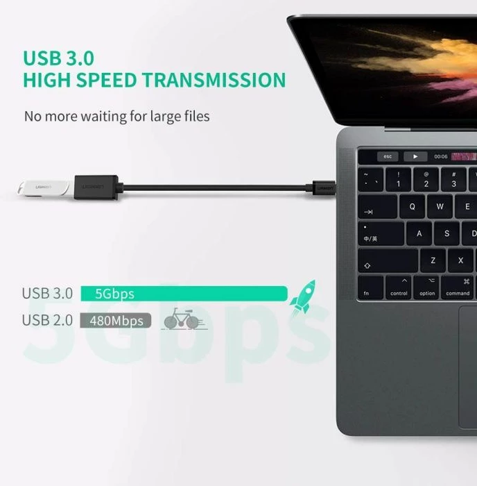 Kabllo OTG USB-C (M) në USB 3.0 (F) UGREEN 30701 5Gb/s, e zezë, polybag