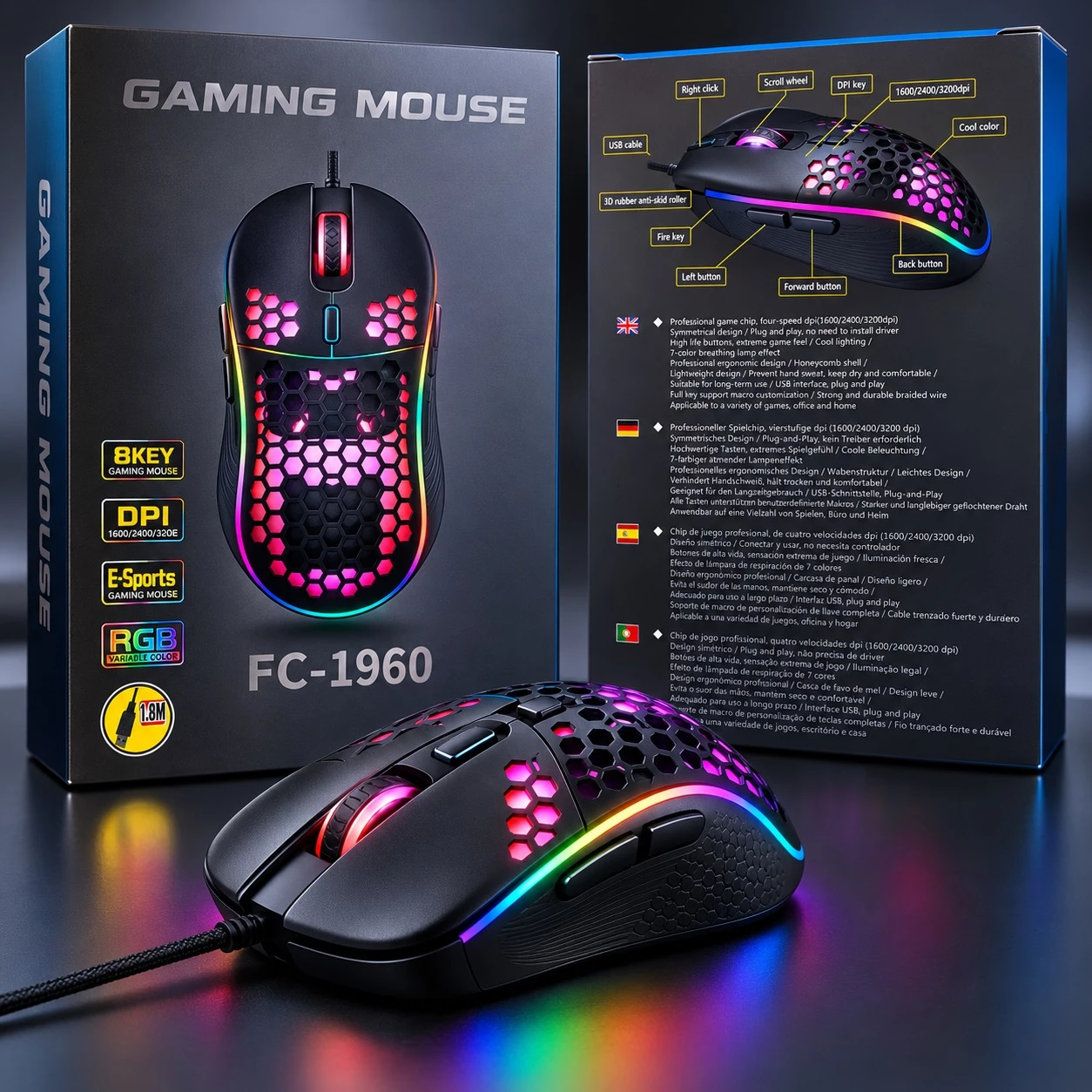Maus Gaming FC-1960 me Ndriçim Shumëngjyrësh dhe Dizajn Honeycomb