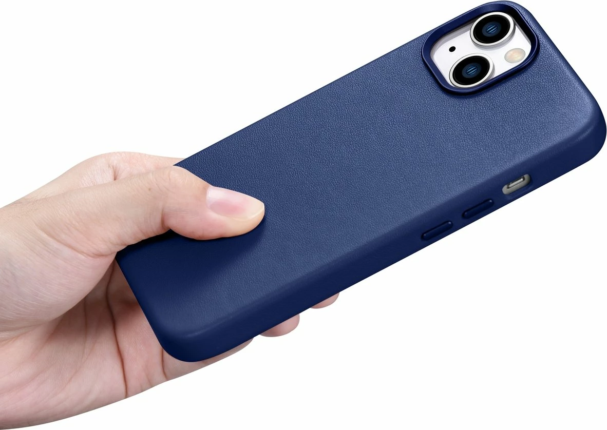 Mbështjellës iCarer për iPhone 14, lëkurë natyrale, MagSafe, kaltër