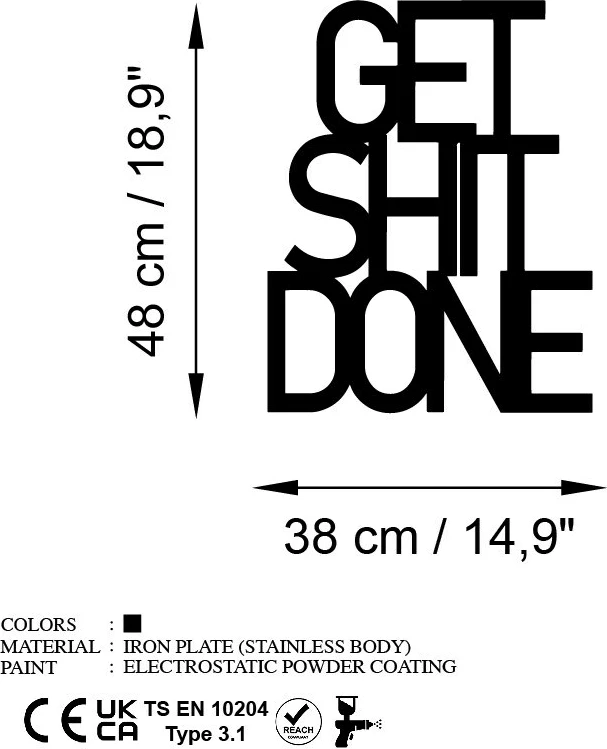 Aksesor metalik dekorativ për mur, Wallity, Get Shit Done, 38x48cm, i zi