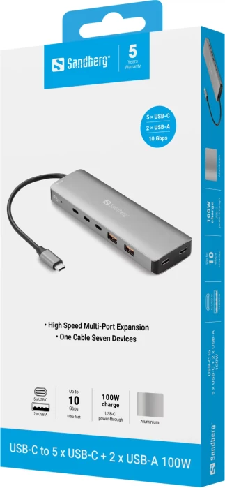 Docking station USB-C Sandberg 136-79, 5xUSB-C + 2xUSB-A, 10Gb/s, Power Delivery 100W, gri
