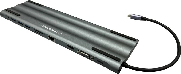 USB hub LC-Power LC-HUB-C-MULTI-8, USB-C, 100W, HDMI, VGA, RJ45, SD, MicroSD, e zezë/argjendtë
