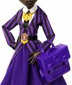 Kukull koleksionuese Mattel Monster High x Wednesday Bianca (JDR71) 28 cm, me çantë dhe stand, vjollcë/zezë