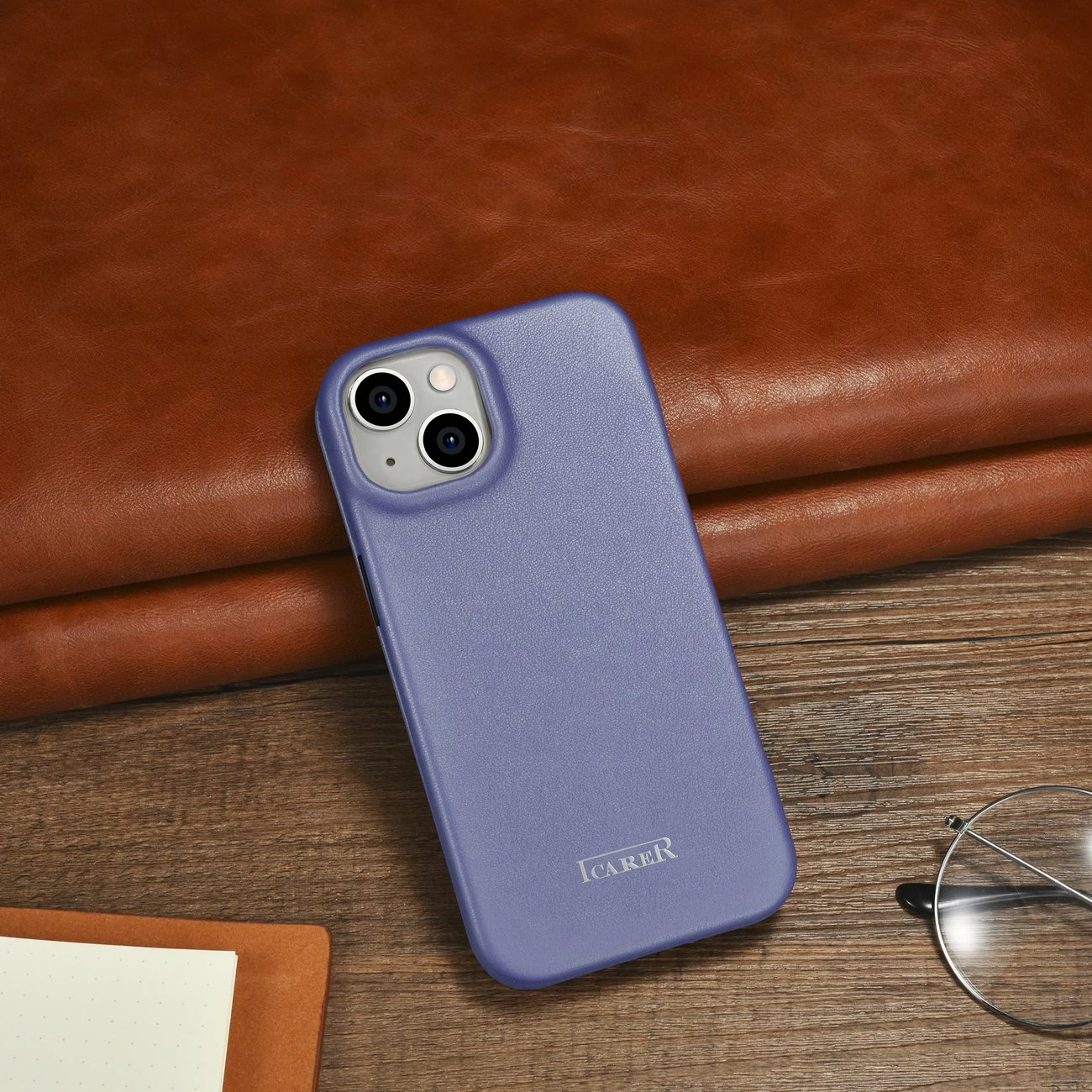 Mbështjellës lëkure iCarer CE Premium Folio për iPhone 14 Plus, MagSafe, Vjollcë e lehtë