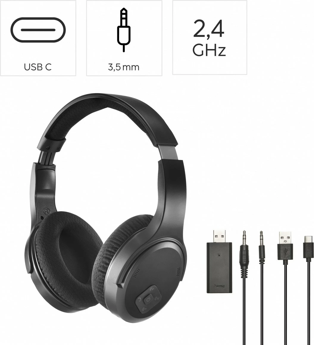 Kufje pa tela, Hama, 221847, over-ear 2.4 GHz me USB dongle, Bluetooth 2.0, me mikrofon, e zezë