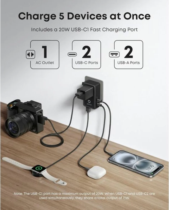 Adapter udhëtimi ANKER Nano A9215H11, 5-në-1, 20W, 2x USB-C + 2x USB-A + prizë AC, i zi