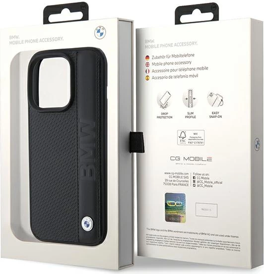 Mbështjellës BMW Leather Textured & Stripe për iPhone 15 Pro Max, i zi