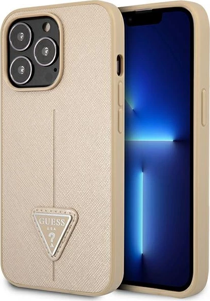 Mbështjellës Guess SaffianoTriangle Logo për iPhone 14 Pro Max 6.7", bezhë