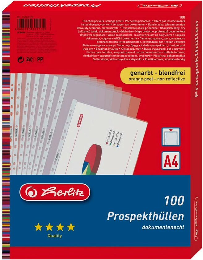Mbështjellës dokumentesh Herlitz Prospekthülle A4, premium me teksturë, 100 copë, transparente