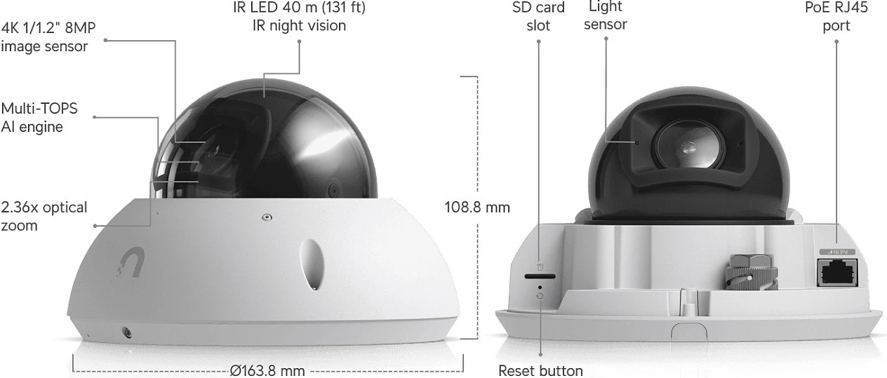Kamerë sigurie dome Ubiquiti UVC-G6-PRO-DOME-W, Ethernet/PoE, MicroSD, Night Vision, e bardhë