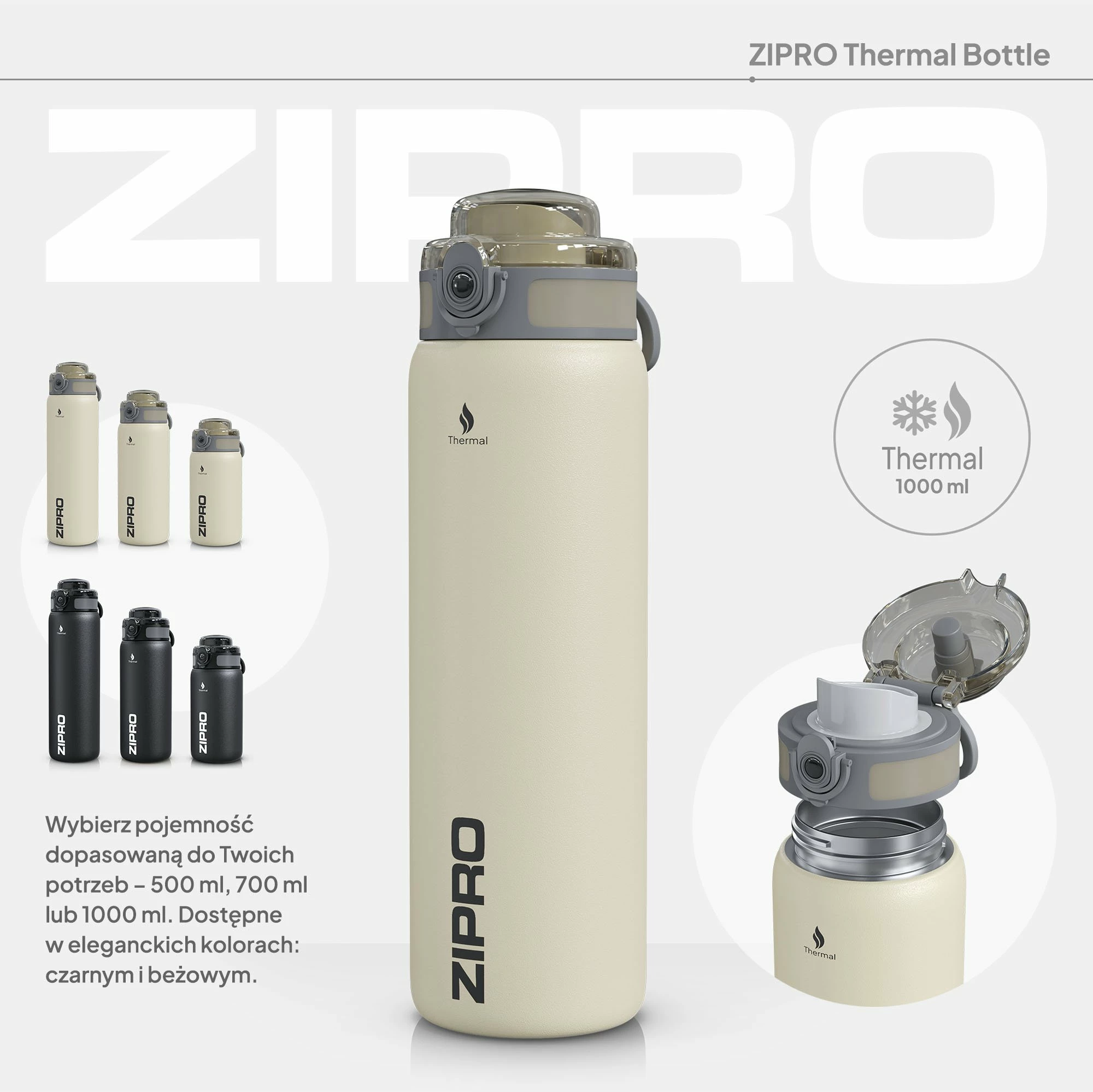 Shishe termike Zipro 1000 ml inox 18/8, bezhë