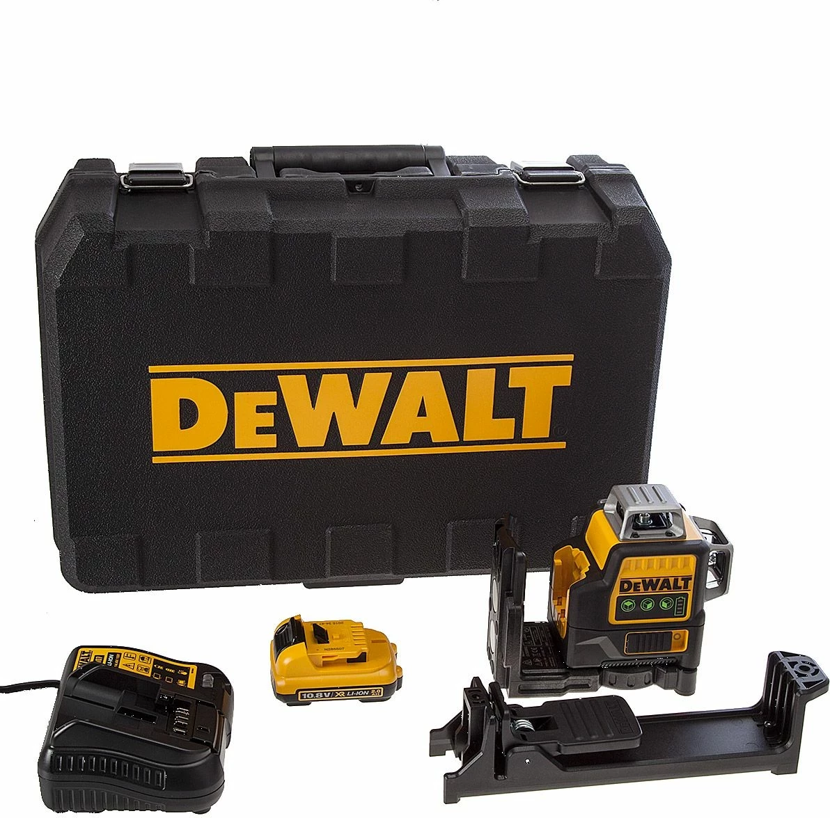 Laser kryq DeWalt DCE089D1G 10.8V 3 rreze 360° me bateri 2.0Ah + karikues + kuti, e verdhë/zezë