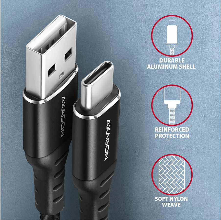 Kabllo USB-C në USB-A Axagon BUCM-AM10AB, 1m, USB 2.0, 3A, e thurur, e zezë