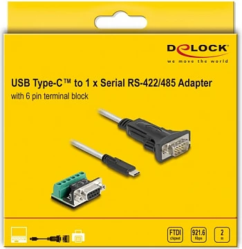 Adapter USB-C në RS-422/RS-485 DeLOCK, FTDI FT232R, DB-9, bllok terminali 6-pin, 2 m, zi/transparent