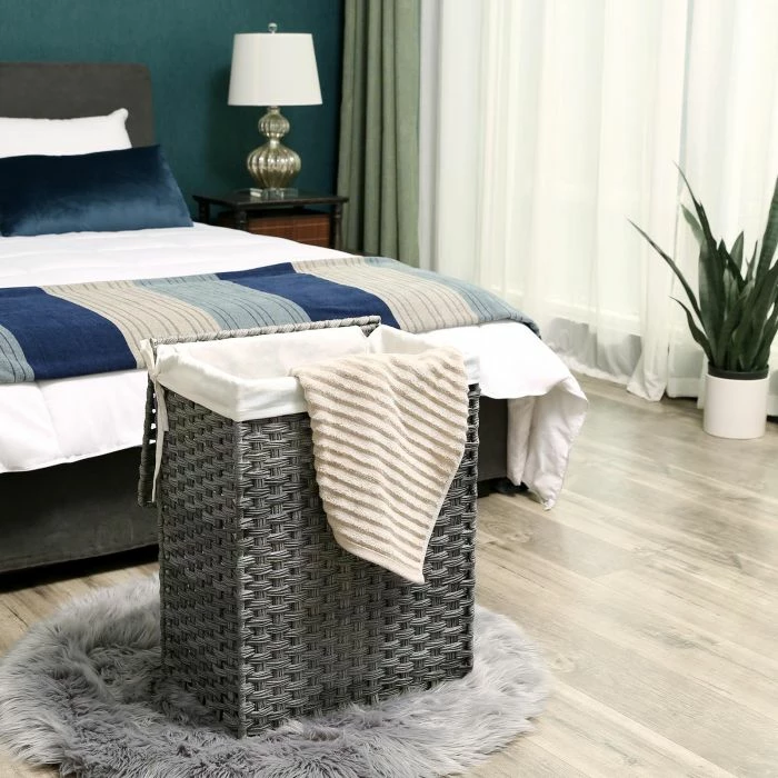 Shportë rrobash SONGMICS LCB51WG 90L me kapak, me doreza, e palosshme, gri