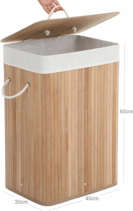 Shportë rrobash SONGMICS LCB10Y, 72L, 40 x 30 x 60 cm, bambu me kapak, me qese të heqshme e të lahet, natyral, 1 copë