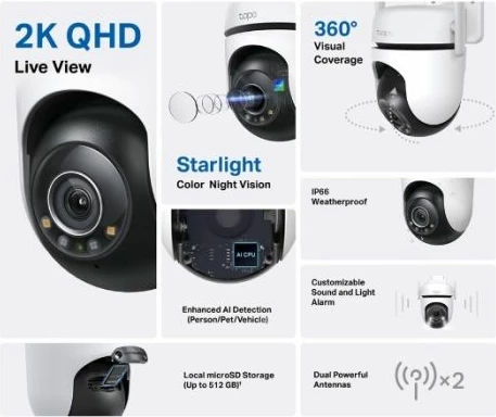 Kamerë sigurie për jashtë TP-LINK Tapo C520WS 2K QHD 360° Pan/Tilt, Wi‑Fi/Ethernet, IP66, microSD deri 512GB, bardhë/zi