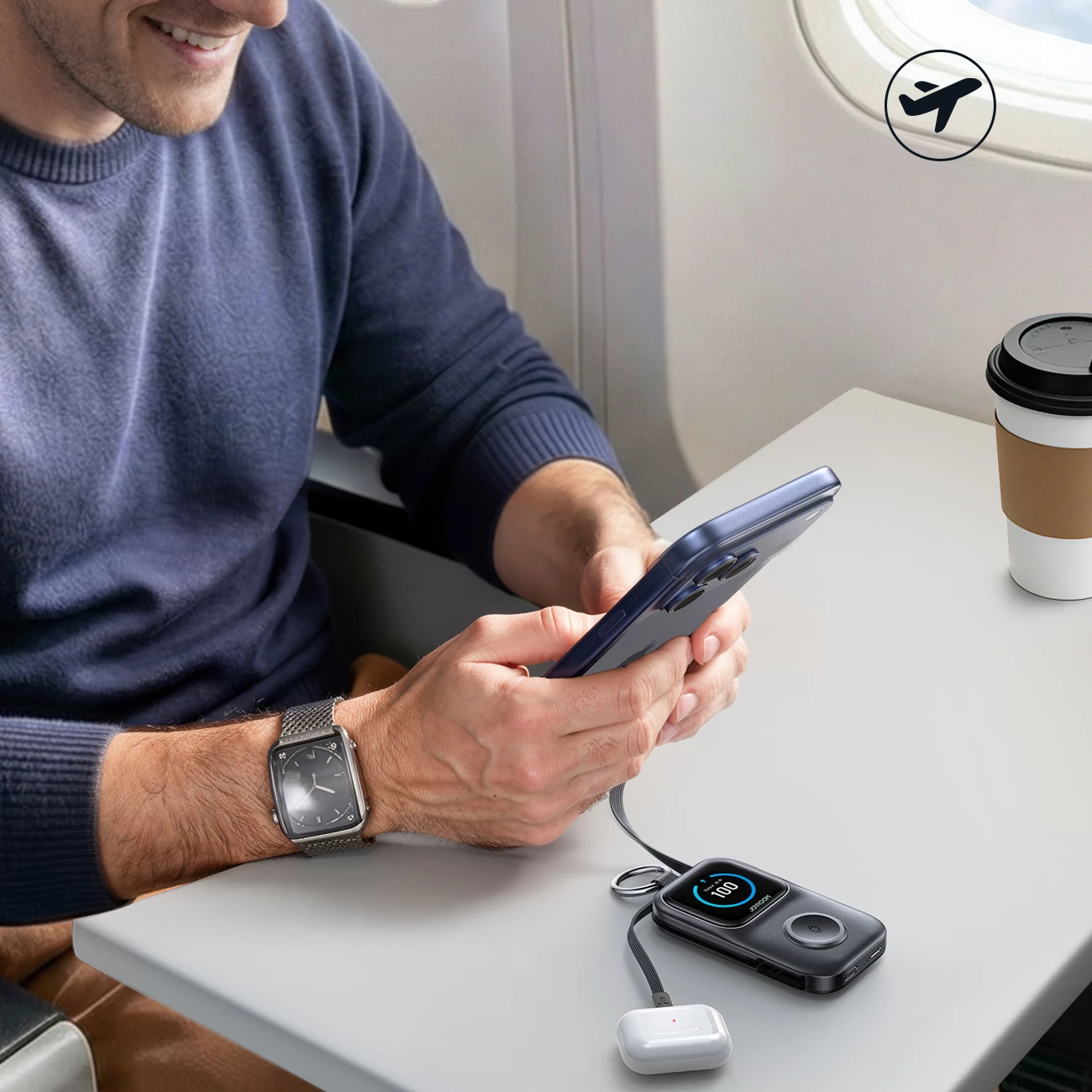 Powerbank Joyroom JR-W19 5000mAh, karikim pa tela 5W për orë, kabllo USB-C/Lightning të integruara, ekran digjital, i zi
