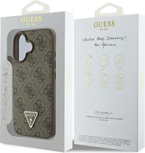 Mbështjellës Guess 4G Triangle Strass për iPhone 16 Plus, MagSafe, Kafe