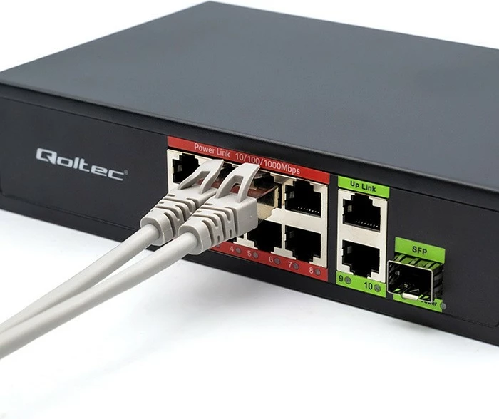 Switch rrjeti Qoltec 52297, 8x RJ45 PoE, 2x RJ45 Uplink, 1x SFP, 120W, 1000Mb/s, i zi