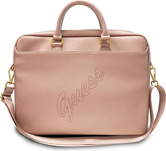 Çantë laptopi Guess Saffiano Script, 16 inç, Rozë