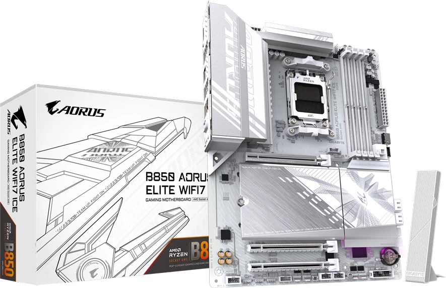 Pllakë amë GIGABYTE B850 AORUS ELITE WF7 ICE, AM5, ATX, Wi‑Fi 7, DDR5 256GB, e bardhë