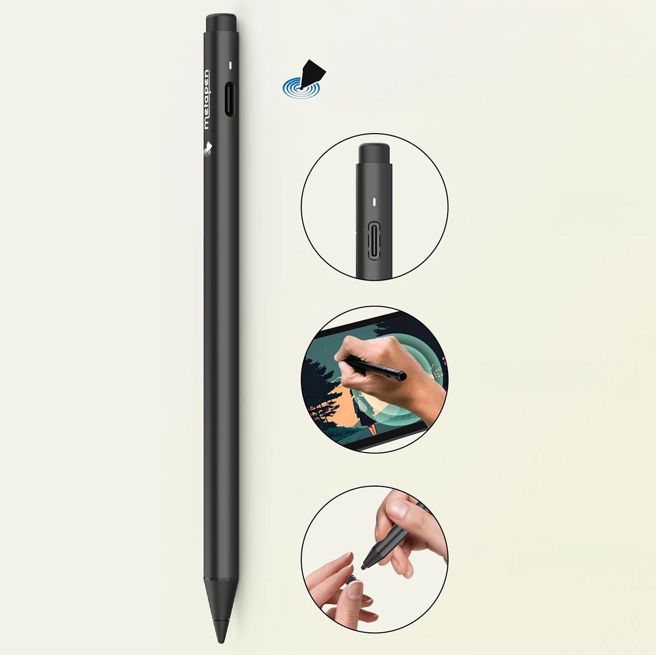 Stylus Metapen Pen G1, 4096 nivele presioni, Palm Rejection, USB-C, deri 90 orë, e zezë