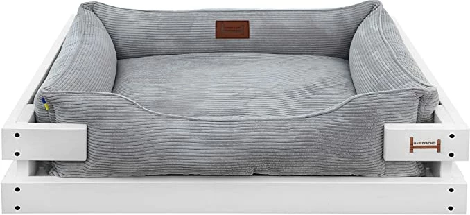 Harley & Cho Shtrati për kafshët "Dreamer Wood" prej druri (L, i bardhë + kadife i gri)