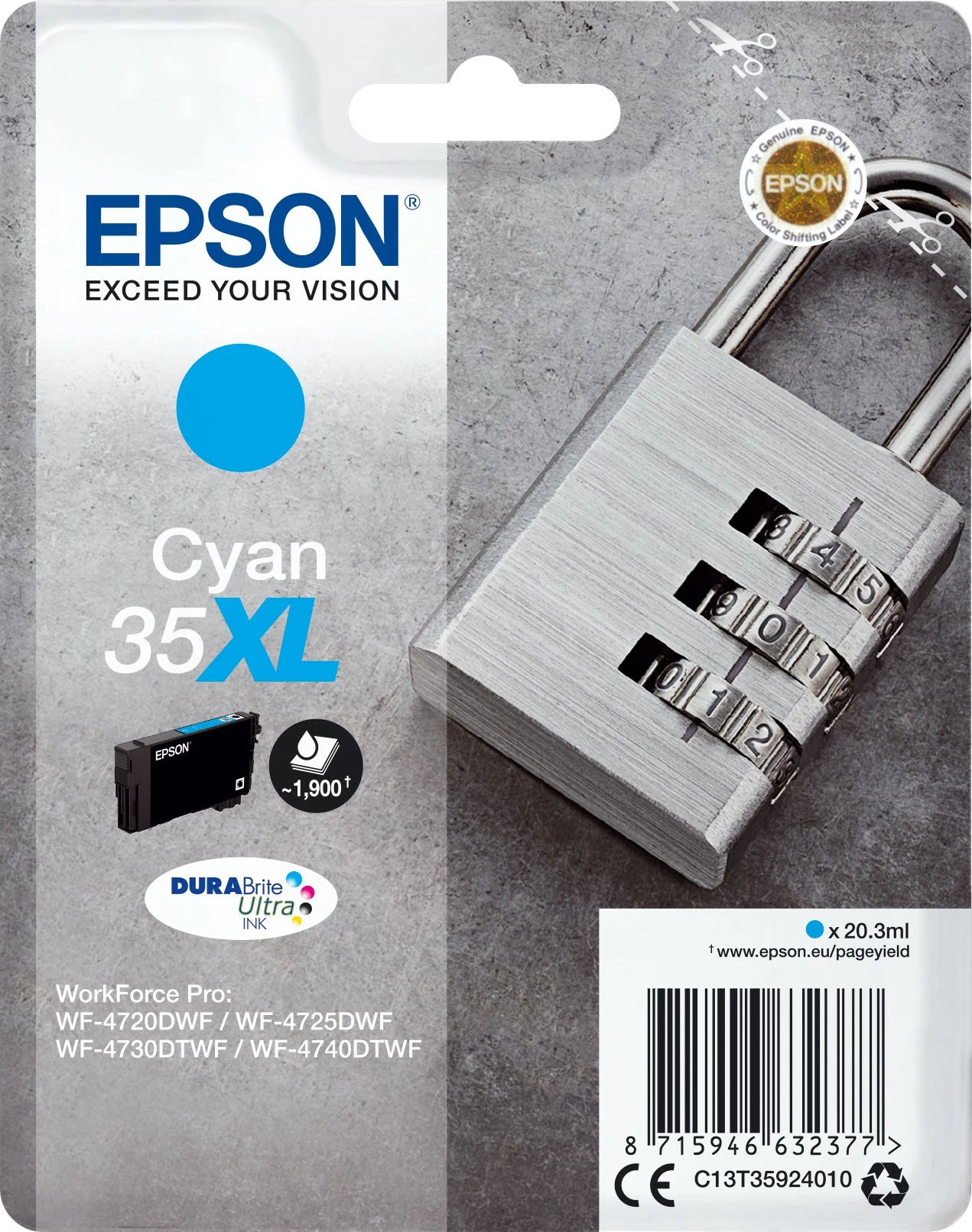 Patron Epson Padlock Singlepack Cyan 35XL DURABrite Ultra Ink, 20.3 ml, Cyan