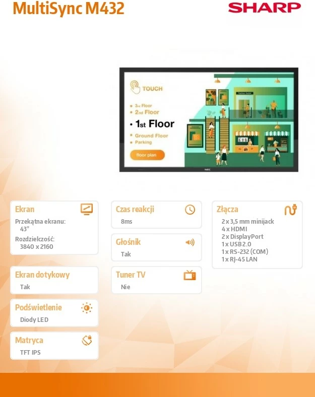 Monitor me prekje format i madh, Sharp MultiSync M432, 43" 4K UHD, IPS 60Hz, 500 nit, 24/7, VESA 300x300, i zi