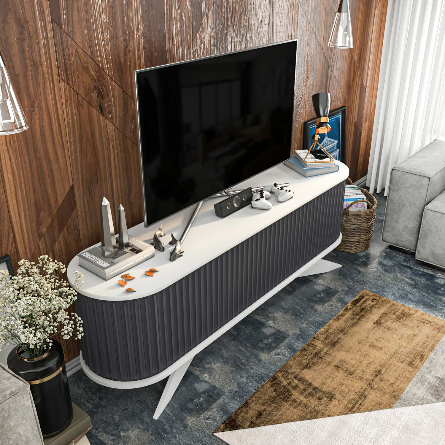 Komodë TV Hanah Home, anthracite dhe e bardhë, Stor