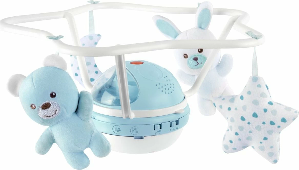 Karusel muzikor Chicco First Dreams Rainbow 3-in-1 CHICZ-0934, kaltër, set me lodra pelushi