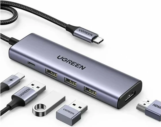 UGREEN Ultra Slim CM511 Hub USB-C 5 në 1, HDMI 4K, 3 × USB-A, PD 100W, gri
