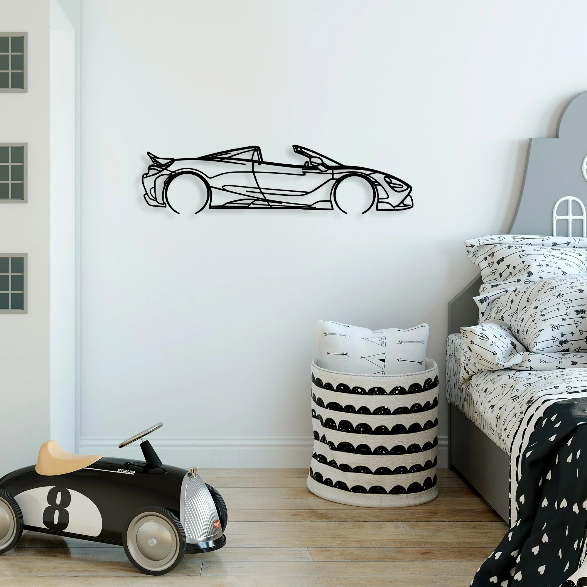 Aksesor dekorativ metalik për mur, silueta McLaren 720S, ngjyrë e zezë, 70x17cm